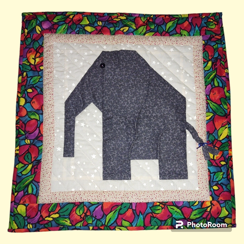Handcrafted Quilted Elephant wall hanging / room decor, doll blanket?